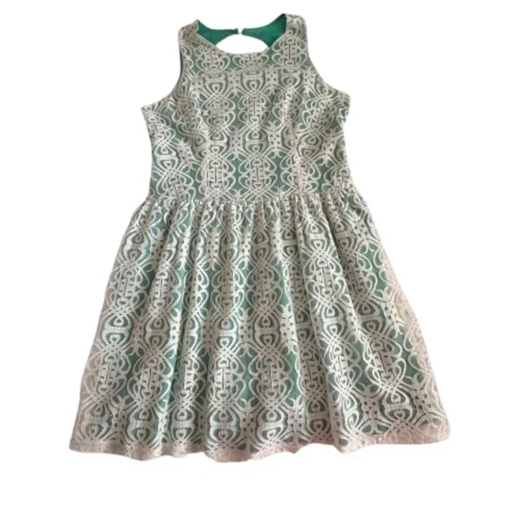 Pinky Women L Green Off White Lace Overlay Sleeveless Mini/Midi Round Neck Dress - Picture 14 of 16